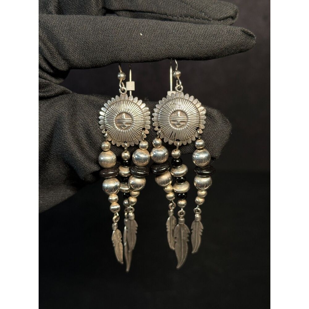 Shube Sunface Sterling Silver Dangle Earrings 3.69"